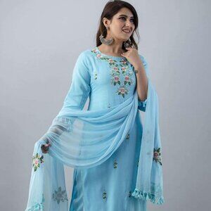 Women Ethnic collection straight embroidered kurti and pant set with dupatta